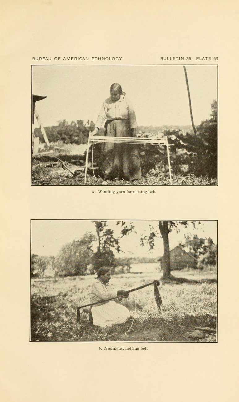 Plate 69. a, Winding yarn for netting belt; b, Nodinens, netting belt