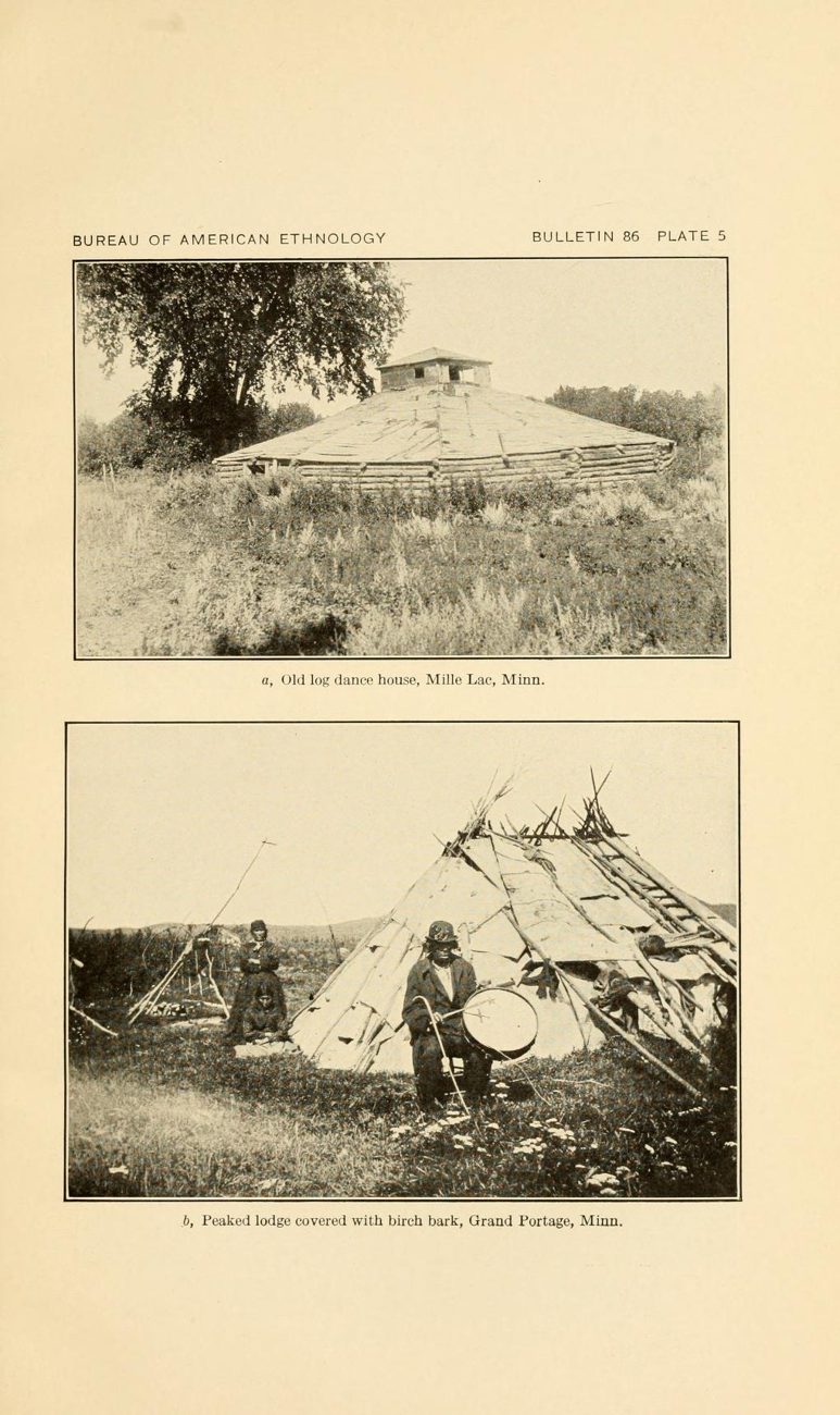 Plate 5. a, Old log dance house, Mille Lac, Minn.; b, Peaked lodge covered with birch bark, Grand Portage, Minn.