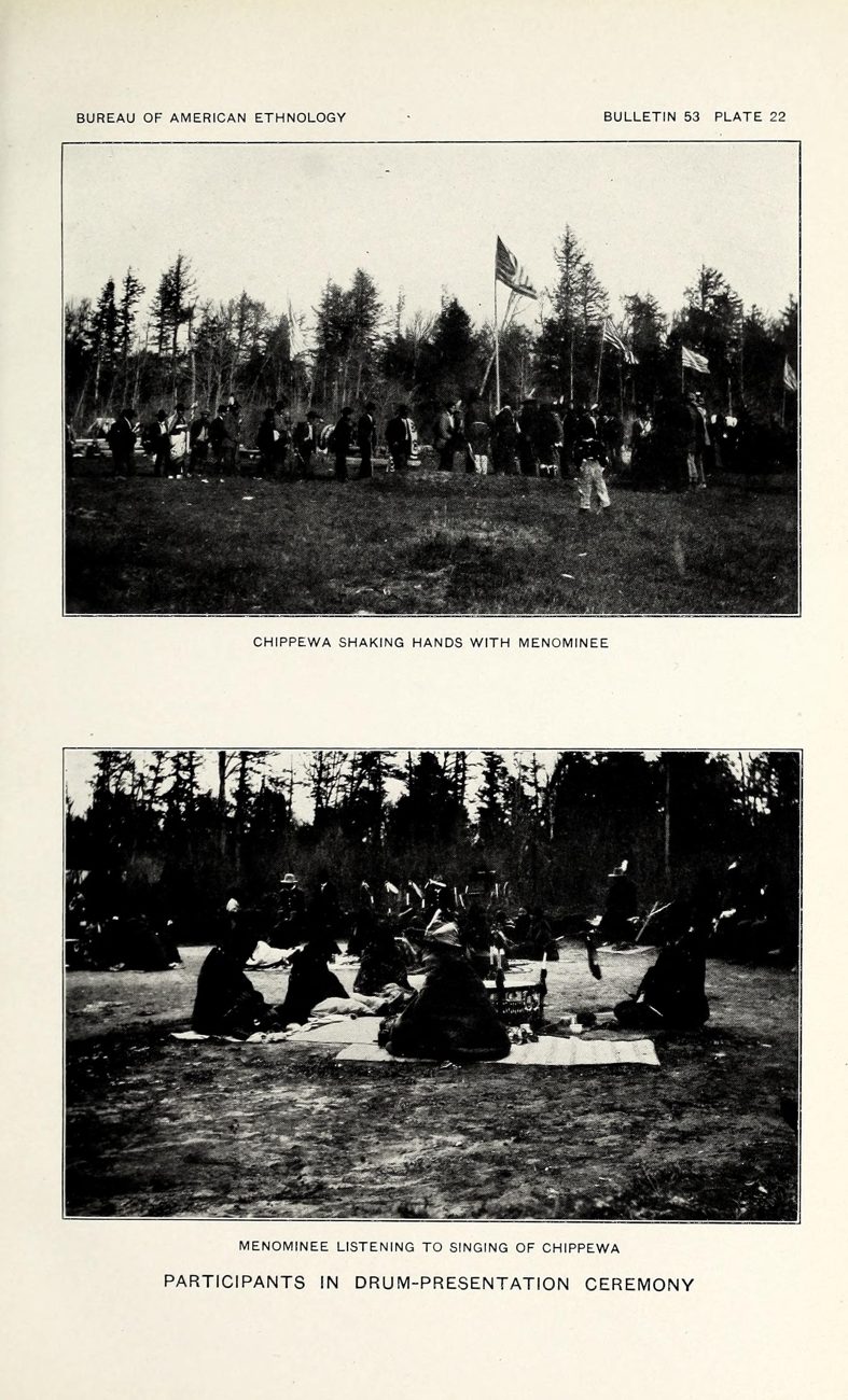 Plate 22. Chippewa shaking hands with Menominee. Menominee listening to singing of Chippewa. Participants in Drum-presentation Ceremony